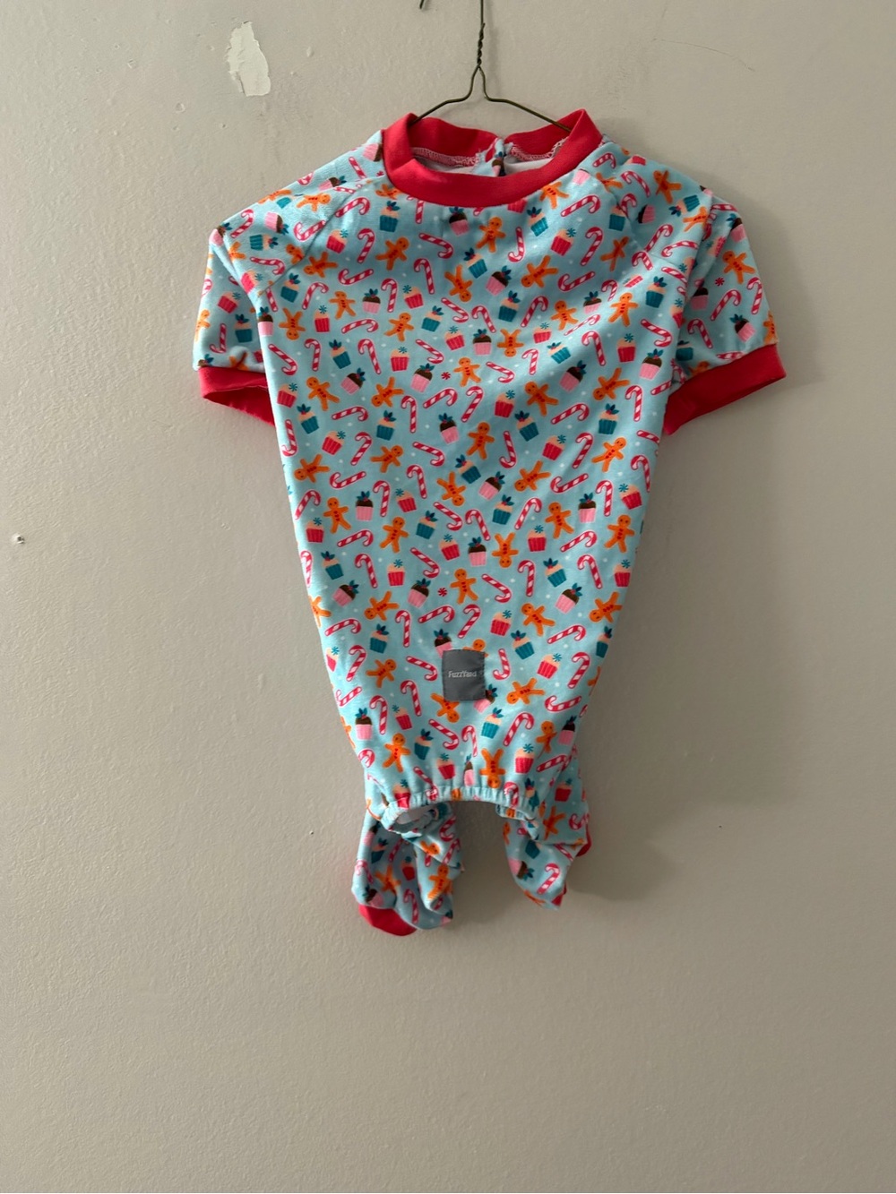 Christmas Print Dog Onesie Pajama - Light Blue with Red Trim